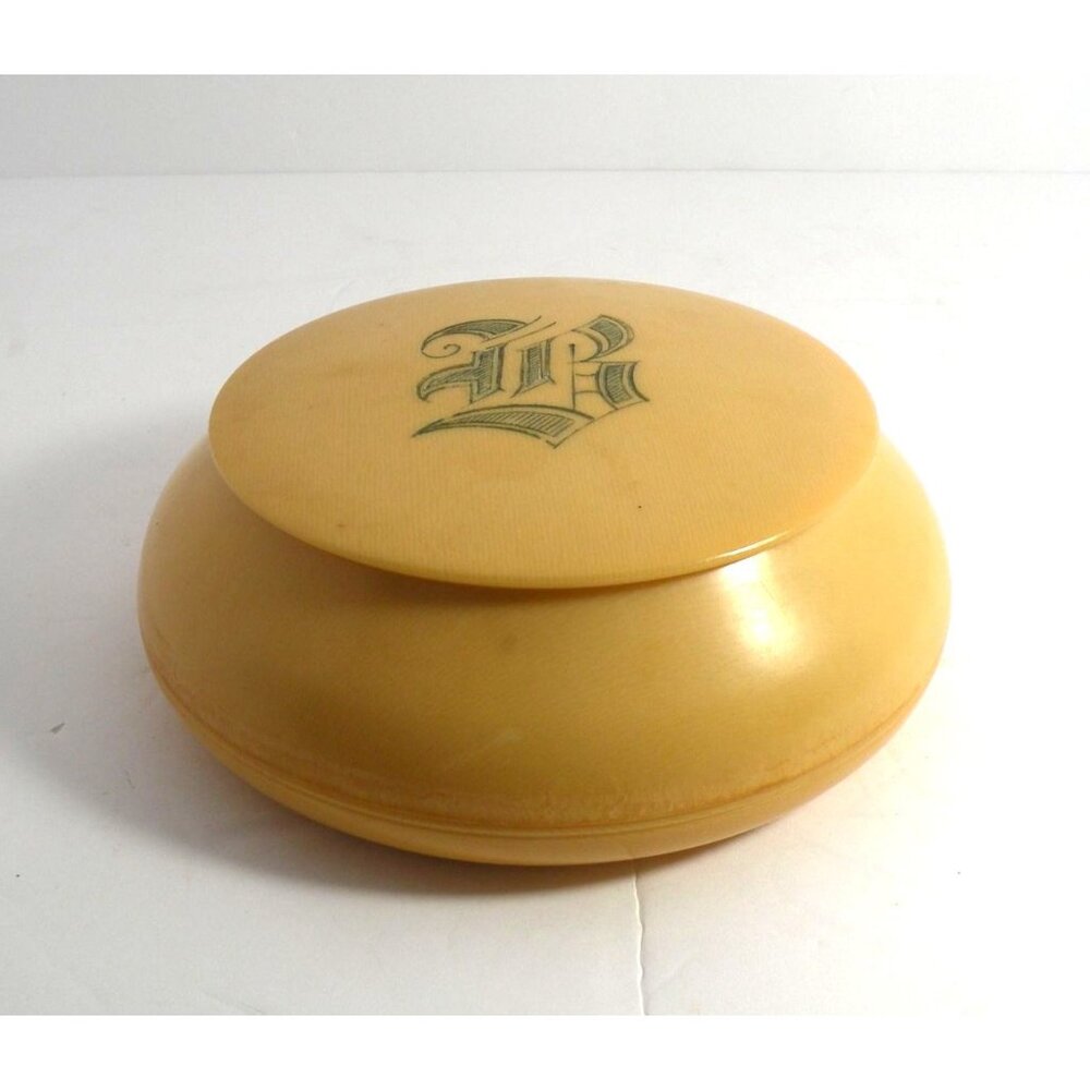 Vintage Yellow Celluloid Vanity Powder Jar/Trinket Box W/ Monogrammed Lid *Rare*